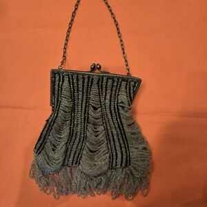 Art Deco Beaded Flapper Purse, Black W/ CLEAR  BEADS Lined Party Wedding Perfect